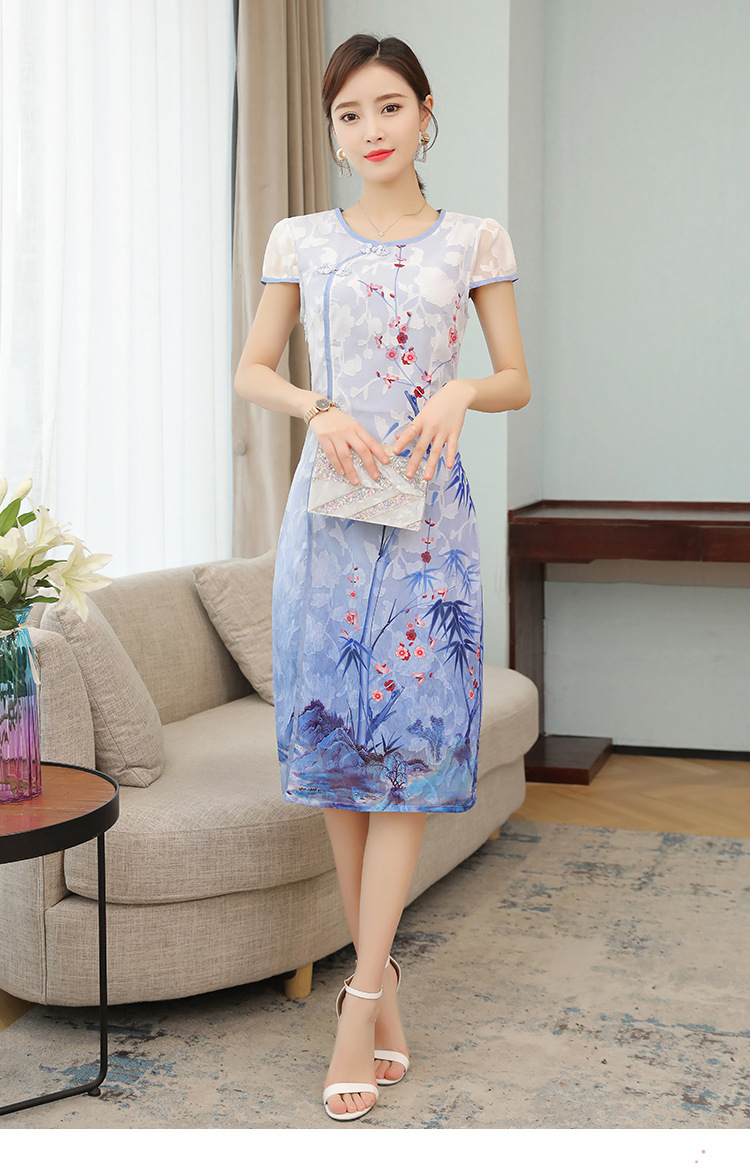 夏季新款改良旗袍裙定位花连衣裙货号mz8131