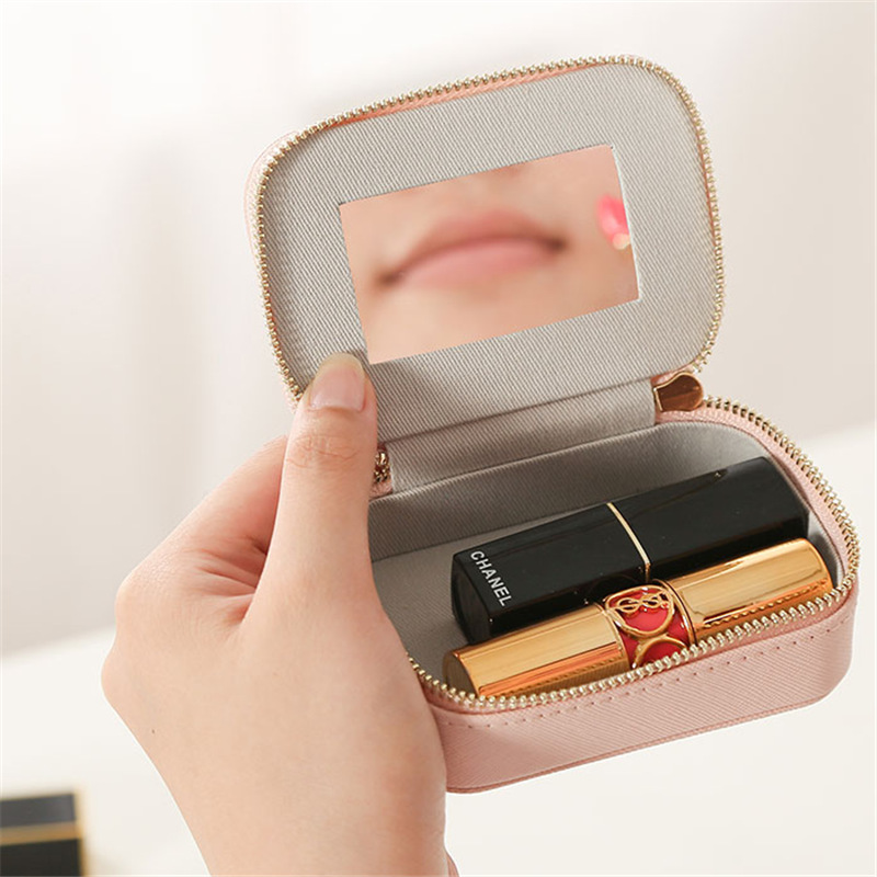 创意口红盒子带镜子拉链式三只装口红盒便携防丢唇膏化妆盒