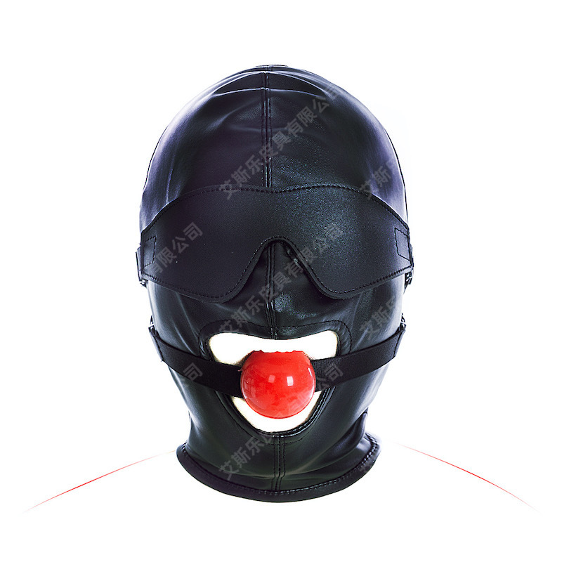 艾斯乐情趣黑色可拆卸眼罩口球系带全包头套面具皮革面罩束缚品