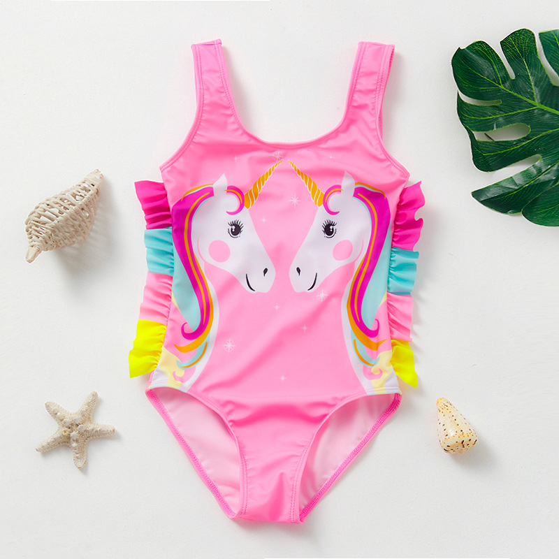 New Children's Swimsuit Girls' Cartoon Unicorn One-Piece Swimsuit Ruffled Girls Swimwear