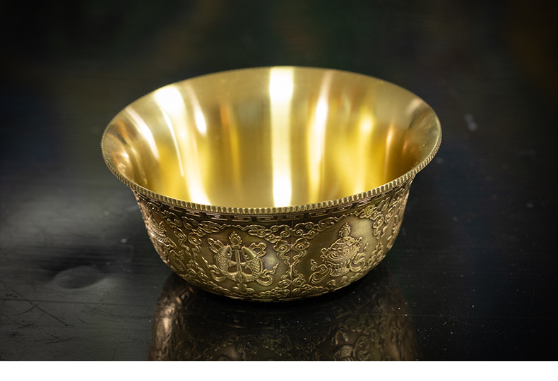 藏族佛教用品 纯铜八吉祥水碗供水杯供碗雕刻铜水碗 平底一套七个