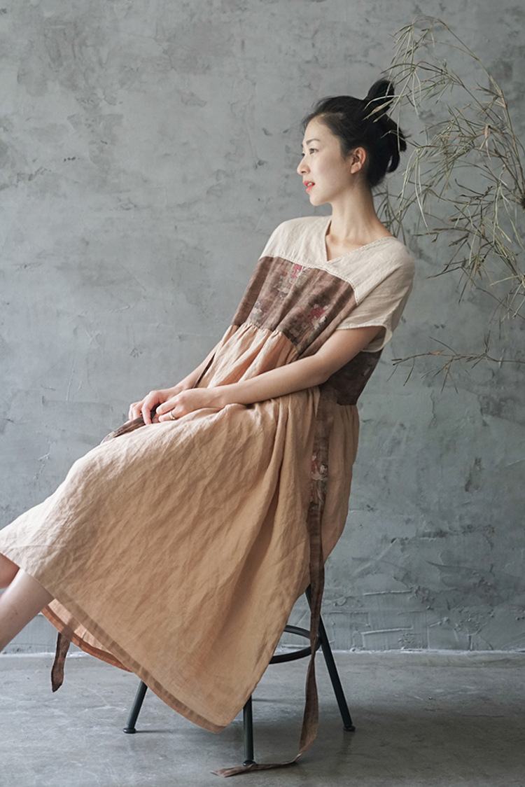 原创设计中国风苎麻汉服交领连身裙 新中式民族禅意宽松长袍l2209
