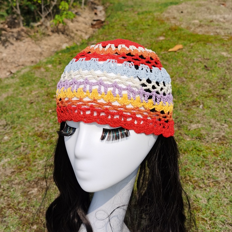 手工钩织镂空彩虹针织套头帽春夏复古休闲头巾帽时尚瓜皮帽网帽潮