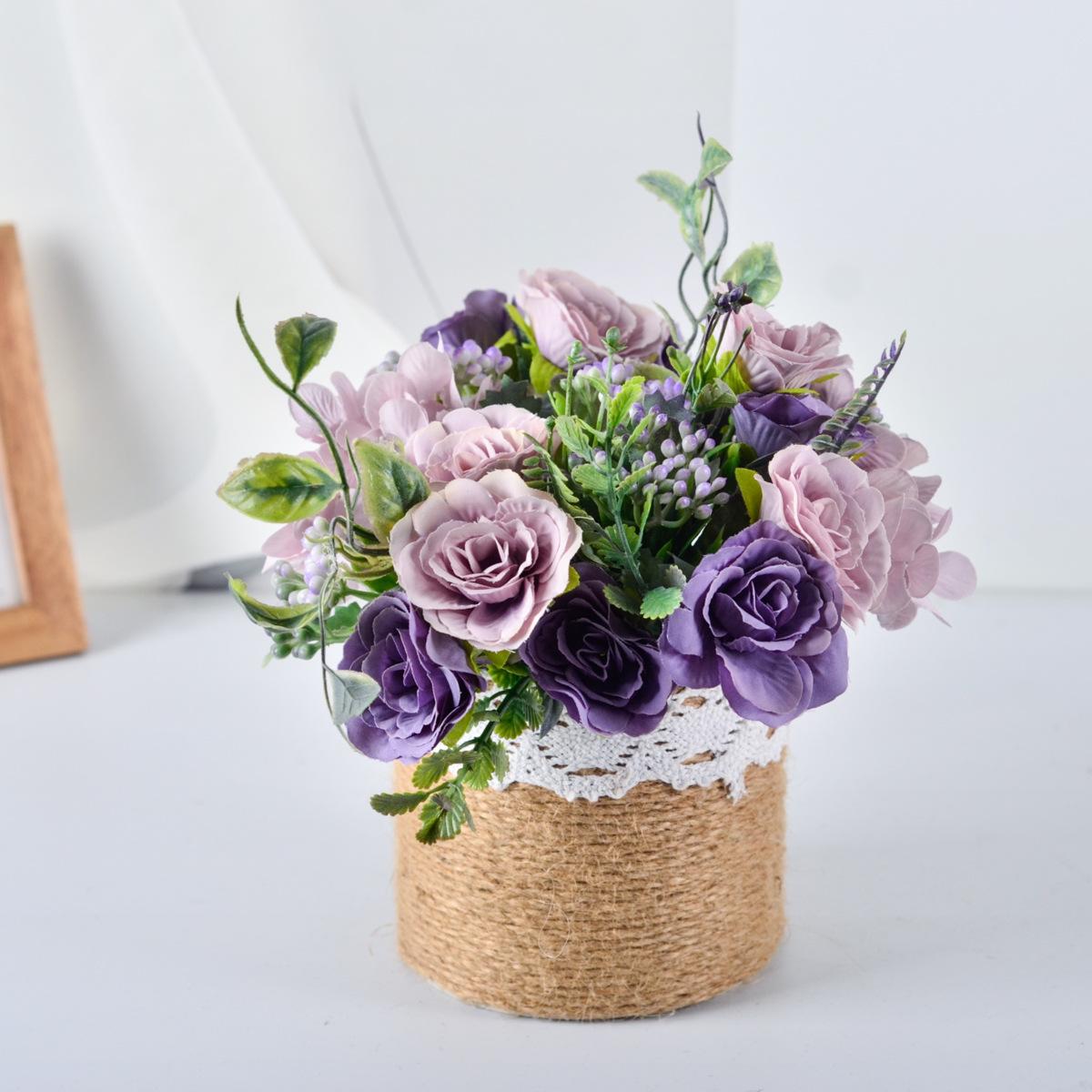 人造尤加利叶玫瑰花麻绳绿植小盆栽走廊庭院咖啡馆家居室内摆件