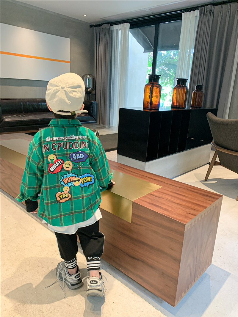 男童格子衬衫2020春秋新款 中小童休闲格纹时尚表情印花潮流衬衫