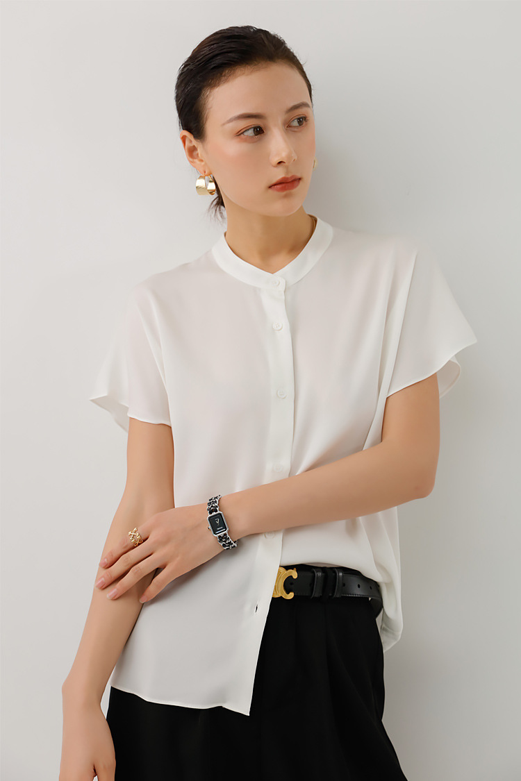 桑蚕丝女上衣高档真丝衬衫时尚纯色高端白色洋气衬衣2020夏季