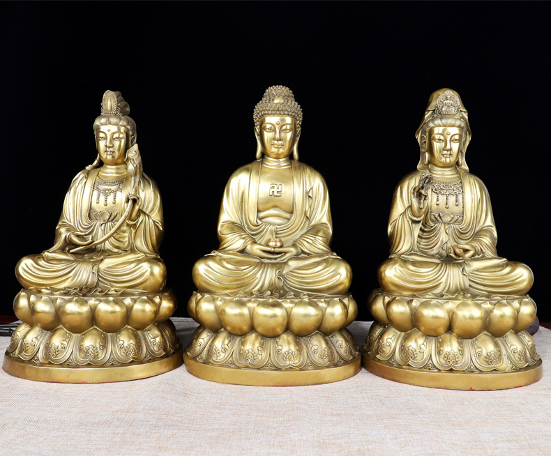 铜西方三圣家居装饰品摆件 工艺品全铜西方三圣坐像佛堂供奉佛像