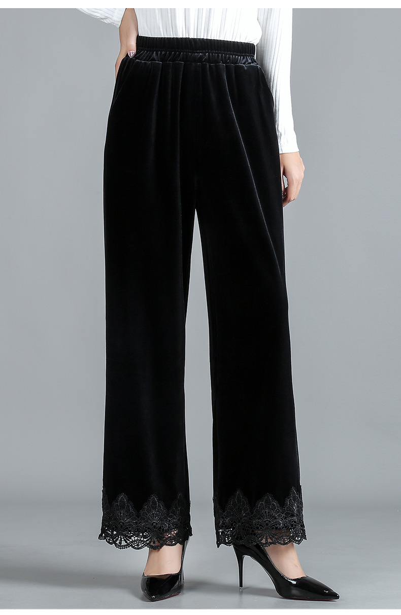 20新款金丝绒裤子女秋冬洋气妈妈坠感宽松直筒高腰丝绒蕾丝阔腿裤