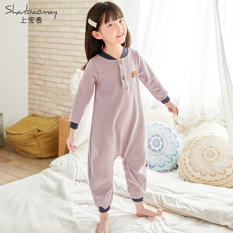 Shanbaomay Autumn and Winter Children's One-Piece Pajamas Cotton Thickened Baby Pajamas Anti-Kick Prevent Catching Cold Boys and Girls Thermal Pajamas