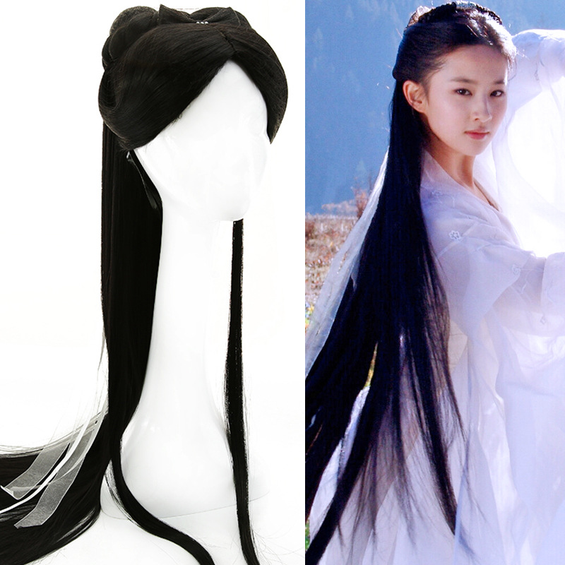 古装小龙女全套造型假发披肩发蝴蝶结假发搭配白色飘带整顶假发套