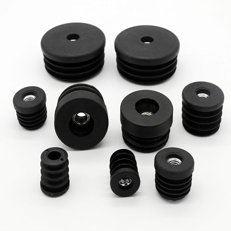 批发塑料管塞带螺母 圆形轮套塞堵头 黑色家具配件带螺母管塞脚垫