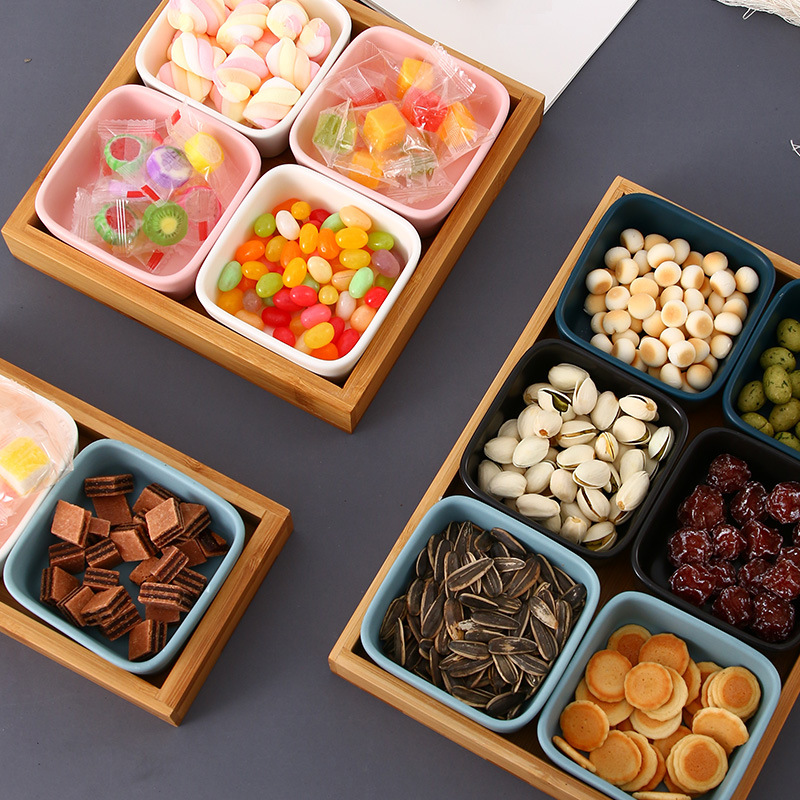 仕达带木托陶瓷分格点心糖果零食坚果干果拼盘茶点小吃盘杂锦收纳