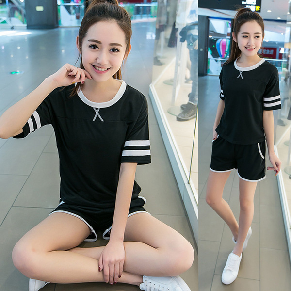 短衣套装女短装短袖t恤短裤女夏季时尚休闲运动晨跑服修身两件套