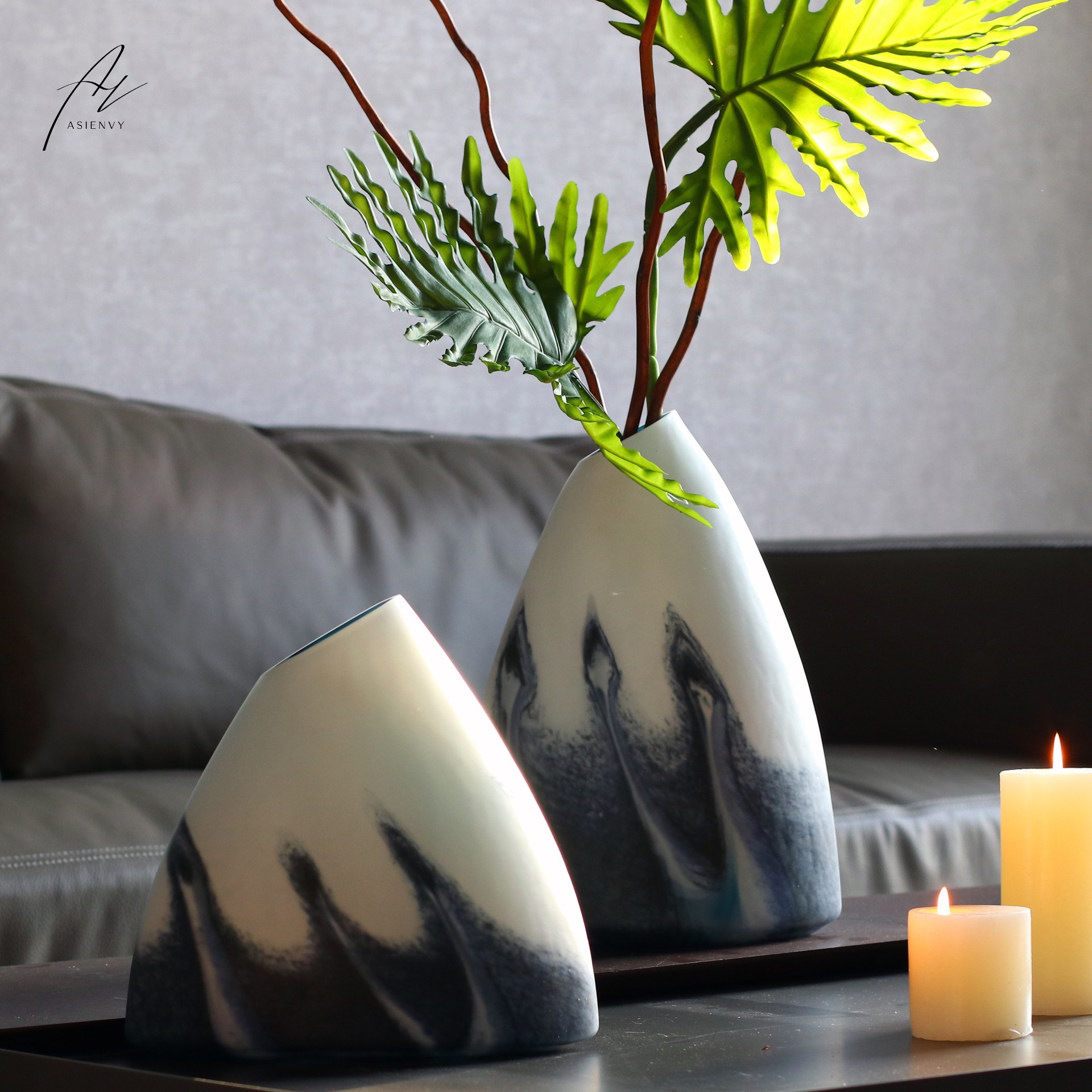 现代新中式水墨三角玻璃花瓶客厅电视柜玄关禅意插花家居软装摆件