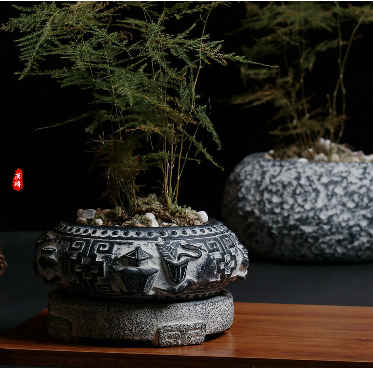 中国风仿古花盆圆形四面浮雕水泥盆禅意绿植摆件盆栽景观盆景花盆