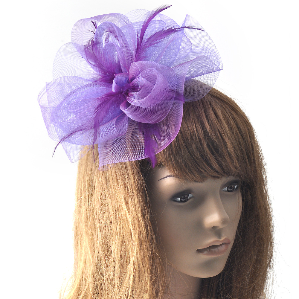 紫色欧美网纱羽毛发夹新娘婚纱礼服头饰派对舞会表演出发饰品批发