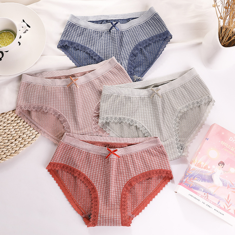 东大门格子内裤女士石墨烯裆部内裤性感蕾丝纯棉女式内裤独立包装