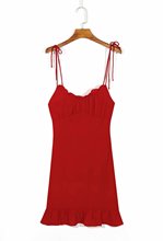 夏季新款欧美女装时尚纯色吊带V领荷叶边连衣裙S10962