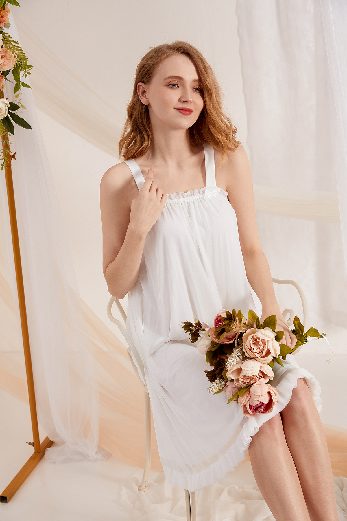 吊带公主睡裙性感网纱双层蝴蝶结家居服柔软大码宽松睡衣女韩版