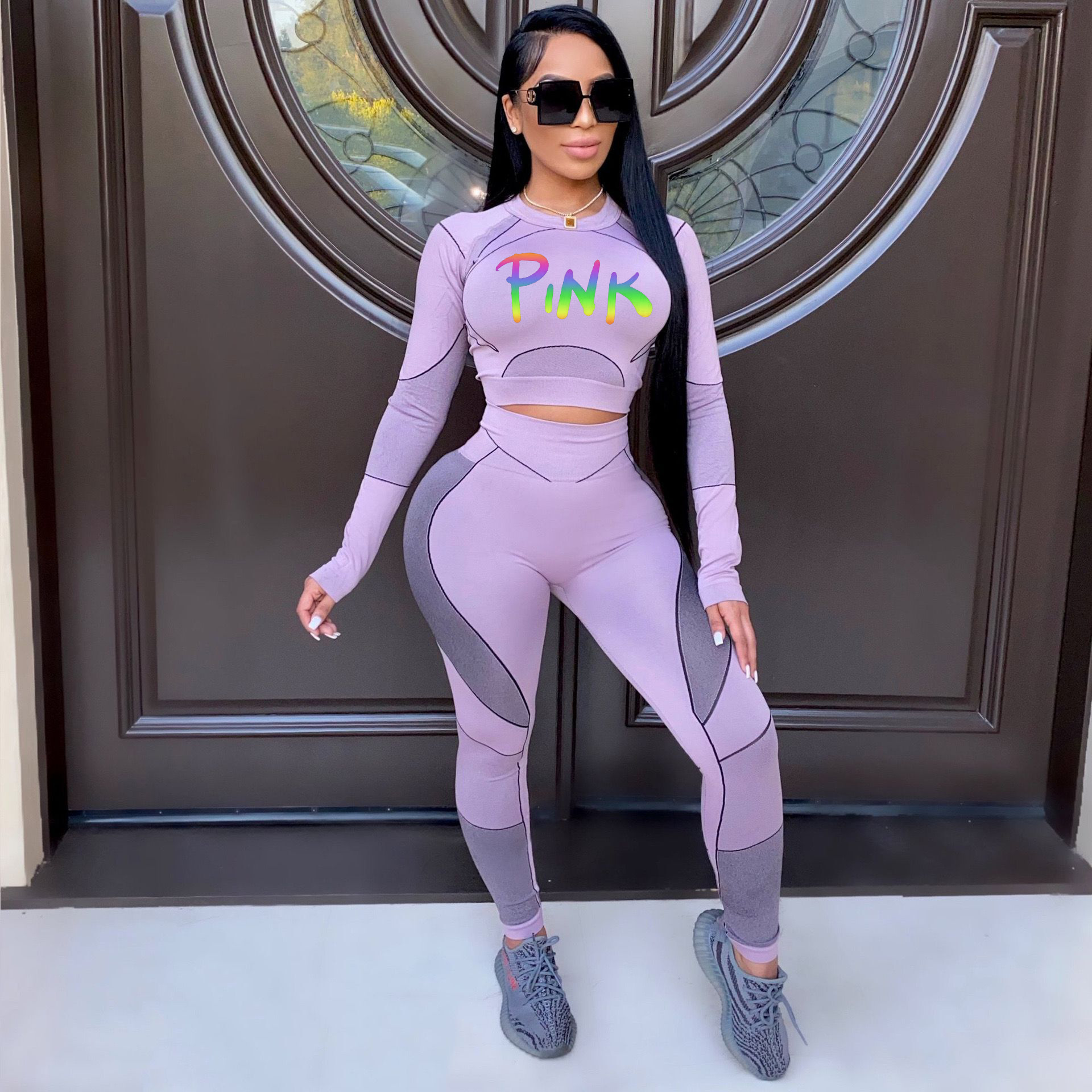 1189 亚马逊速卖通欧美女装字母印花运动瑜伽服两件套套装