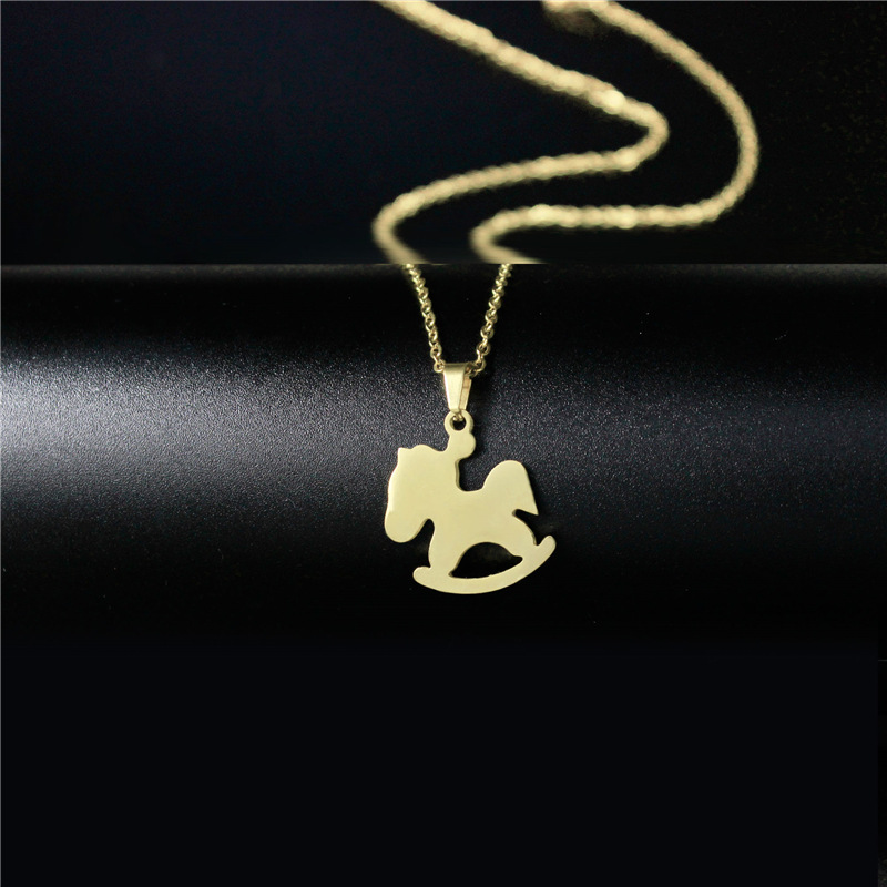 Foreign Trade Jewelry Cute Titanium Steel Small Wooden Horse Necklace Female Lady Simple Stainless Steel Accessories Pendant Clavicle Chain