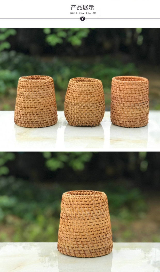 厂家批发越南秋藤编织圆形笔筒 办公桌 创意多功能笔桶 桌面收纳