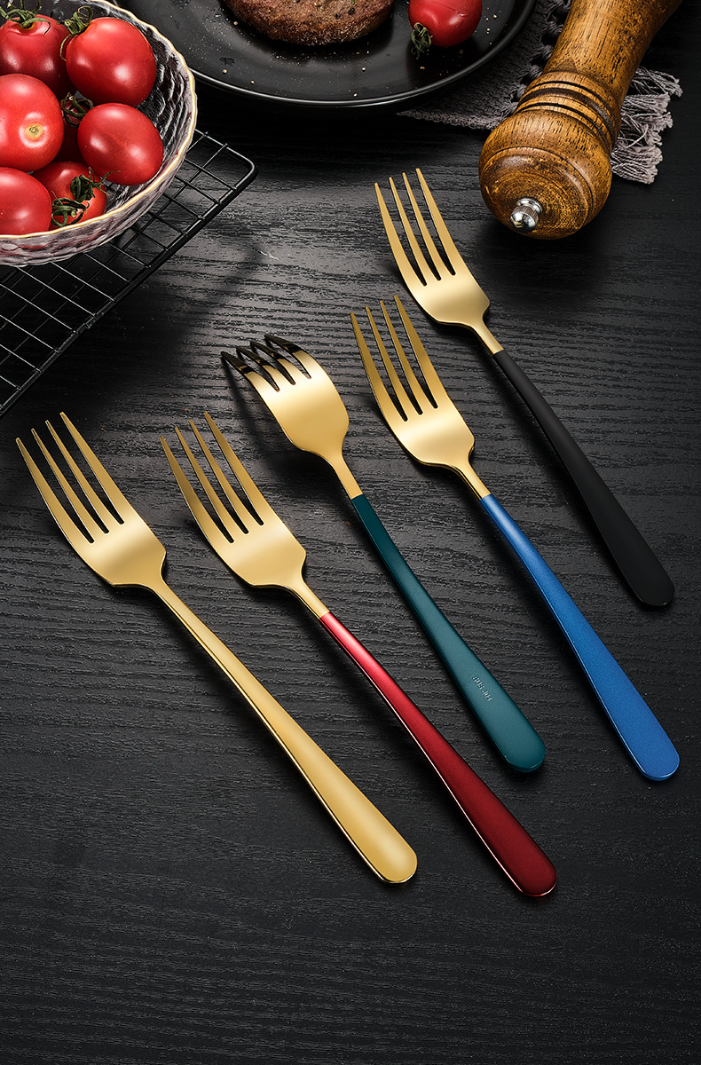 304不锈钢餐叉家用创意长柄叉子加厚酒店西餐餐具网红黑金牛排叉