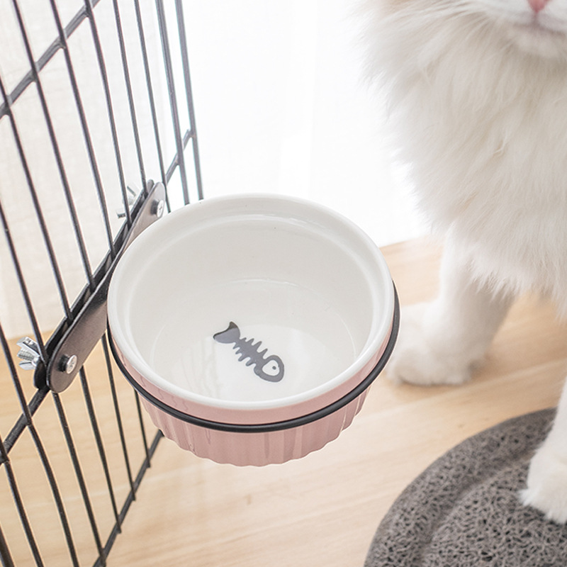 陶瓷猫碗宠物碗食盆固定猫咪喝水碗悬挂式挂笼子猫粮盆狗碗防打翻