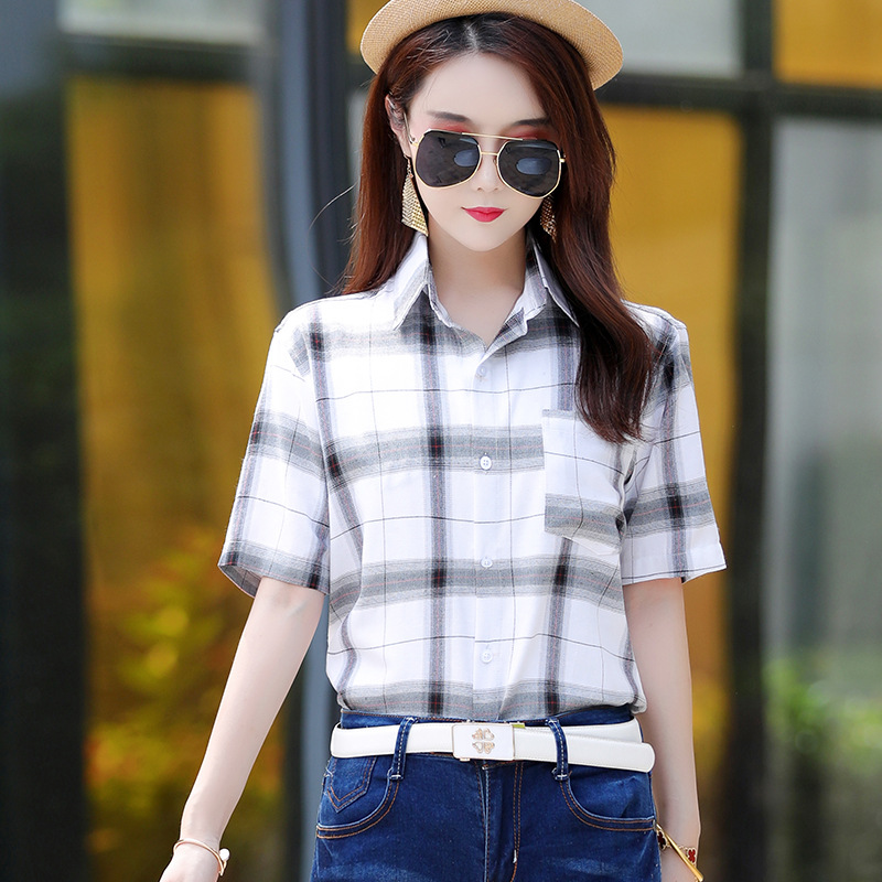 夏季新款女式短袖格子衬衫韩版宽松时尚百搭显瘦女装衬衣女