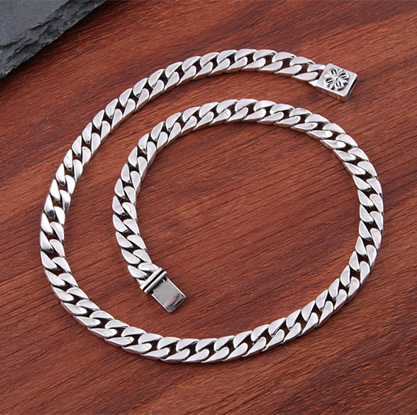 925银男士复古银项链批发纯银个性霸气潮男复古银挂链扁形板链