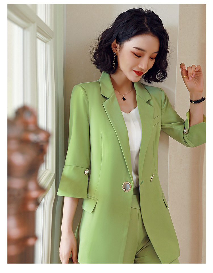 绿色职业套装女春夏季薄款中长西装商务正装上班工作服女总裁套装