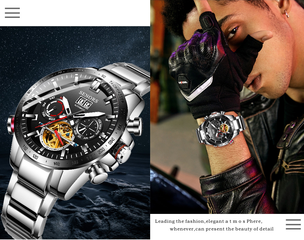 赛娜斯senors爆款不锈钢全自动机械表陀飞轮防水男士腕表sn200