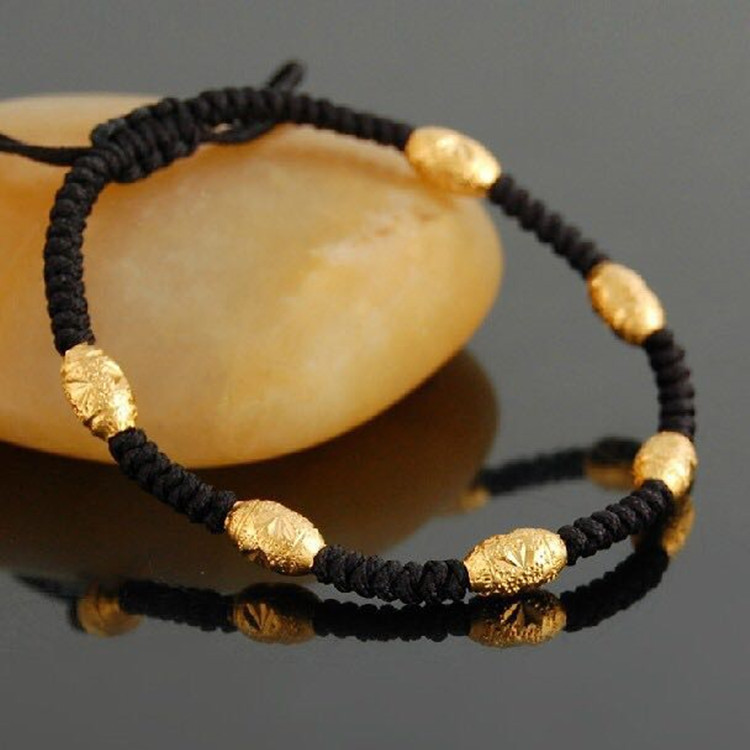 伸缩款黑绳六六大顺转运珠手链沙金电镀车花橄榄珠台湾玉线手工绳