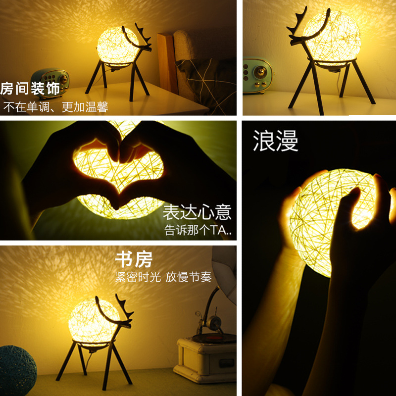 Table Lamp Bedside Lamp Ins Bedroom Small Night Lamp Moon Deer Birthday and Holiday Creative 520 Gift Gift Small Light