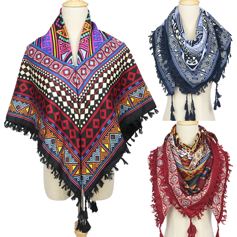 Autumn and Winter Ethnic Style Printed Shawl Cotton Warm Large Kerchief 110cm Cold-Proof Shawl Travel Shawl Scarf for Women