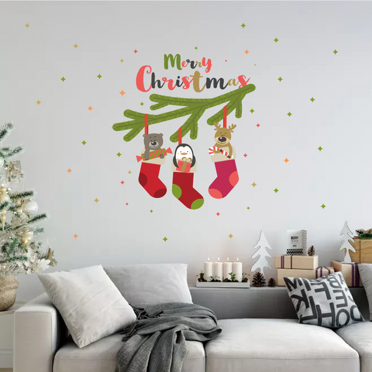 y102圣诞袜子星星墙贴儿童房幼儿园背景墙橱窗圣诞节墙贴