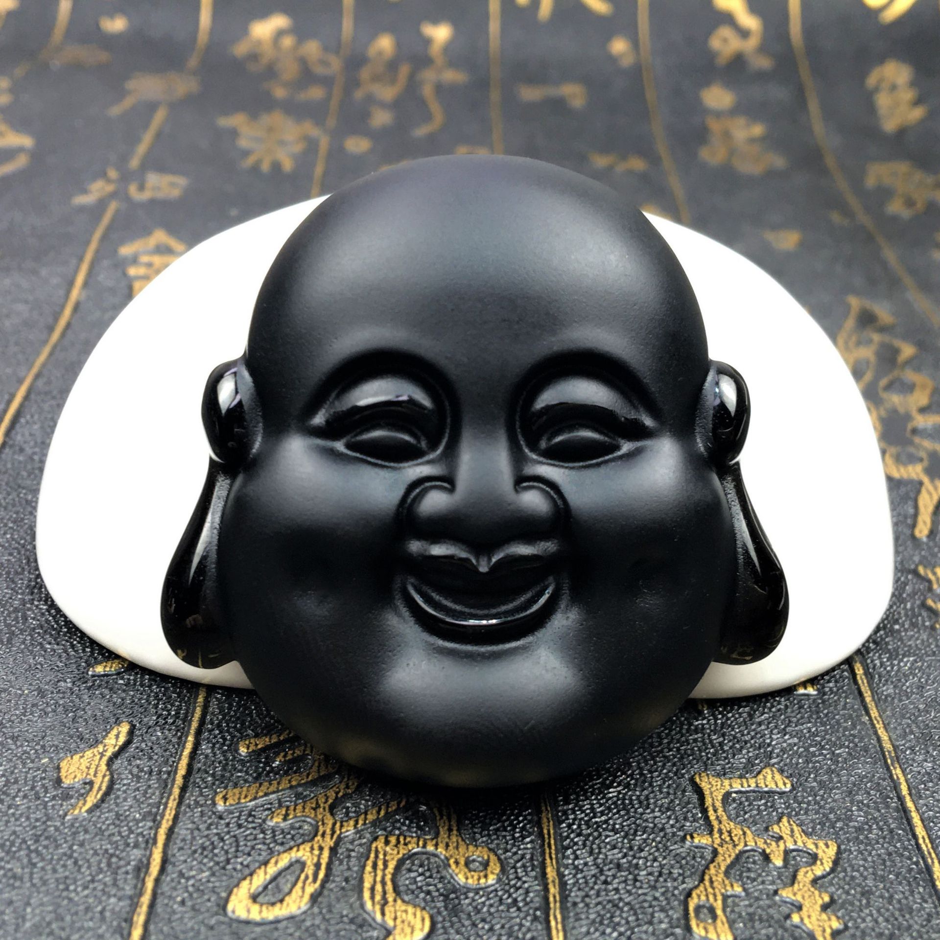 批发天然黑曜石磨砂复古弥勒佛头吊坠转运雕刻笑脸佛挂件厂家直供