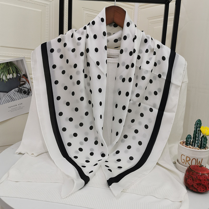 New Ins Style Silk Scarf Women's Retro French Polka Dot Black and White Scarf Decorations Scarf Silk Thin Shawl