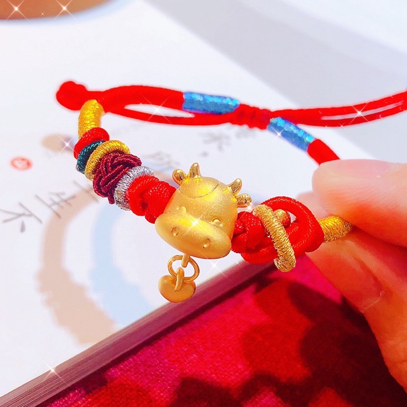3d硬金足金999牛气冲天手绳本命年生肖牛红绳手链女亲子款手饰