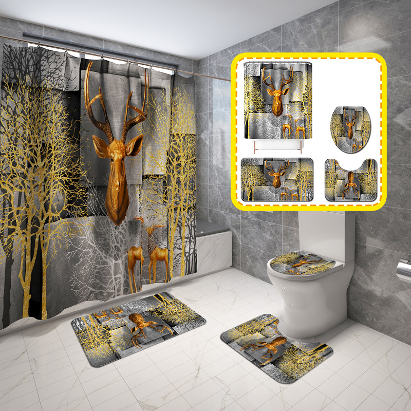 New 3D Deer Background Printing Waterproof Shower Curtain Carpet Four-Piece Set Toilet Mat Set Cross-Border Overseas Warehouse Exclusive