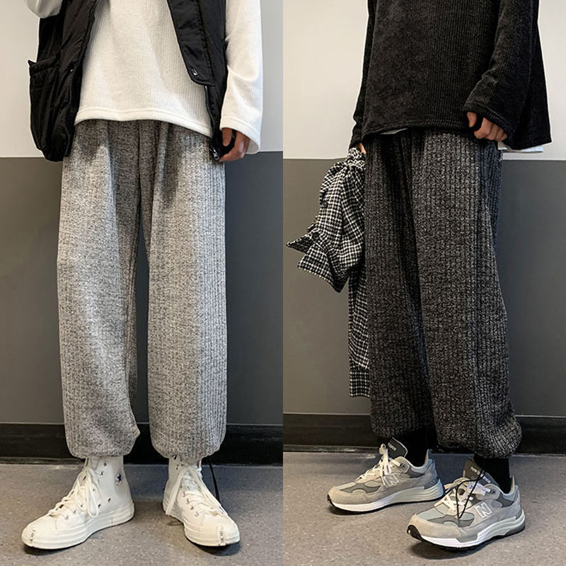秋冬新款毛呢休闲裤男抽绳束脚日系潮牌百搭港风男士直筒阔腿裤