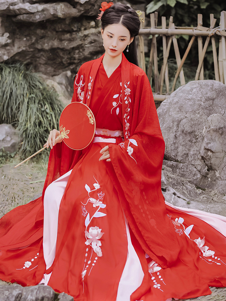 凤求凰印花汉服女夏季仙气古装中国风交领广袖仙气襦裙红色6米摆