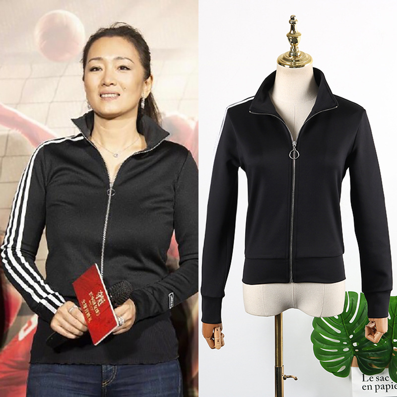 夺冠中国女排巩俐同款黑色条纹运动修身气质长袖上衣短外套春新款