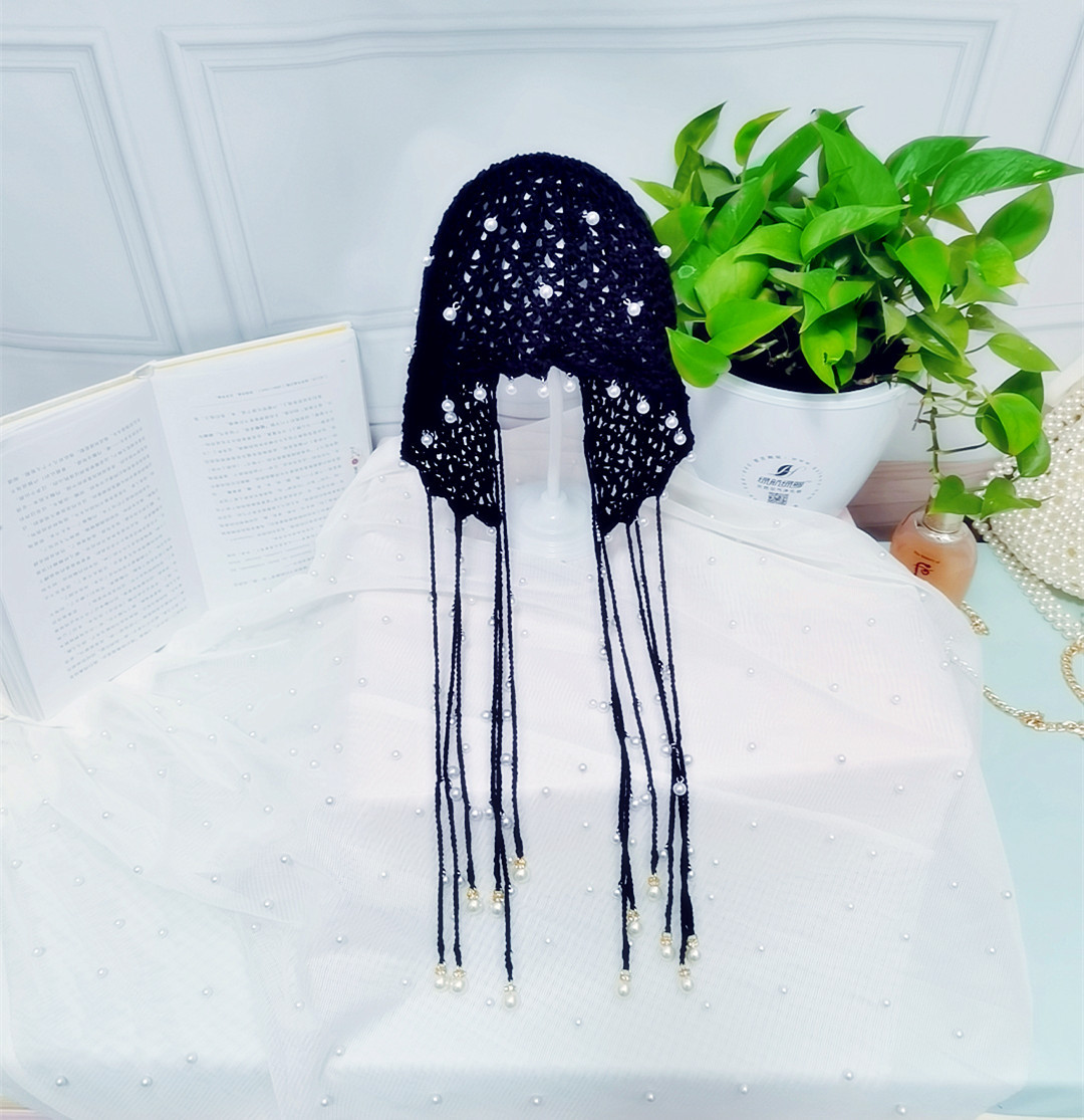 网红珍珠帽女神民族特色针织帽流苏网兜波西米亚风毛线棉帽摄影装