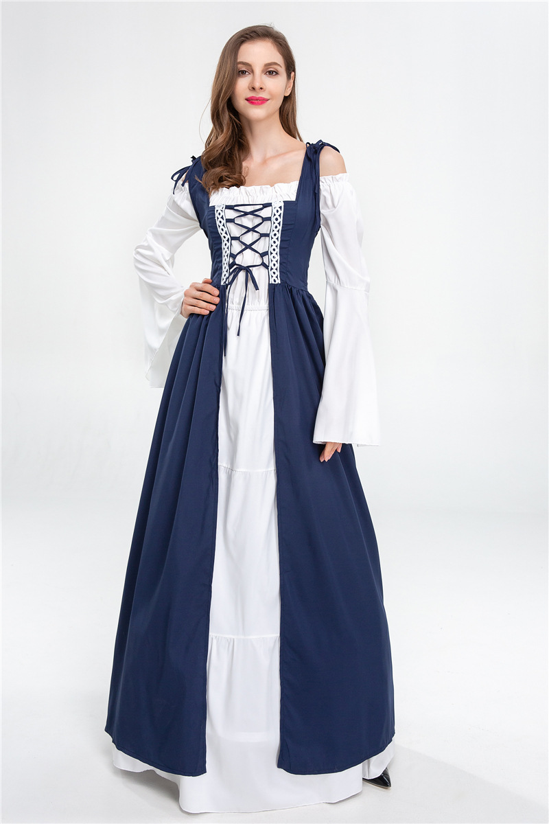 欧洲中世纪复古绑带束腰连衣裙万圣节角色宫廷长裙方领演出服批发