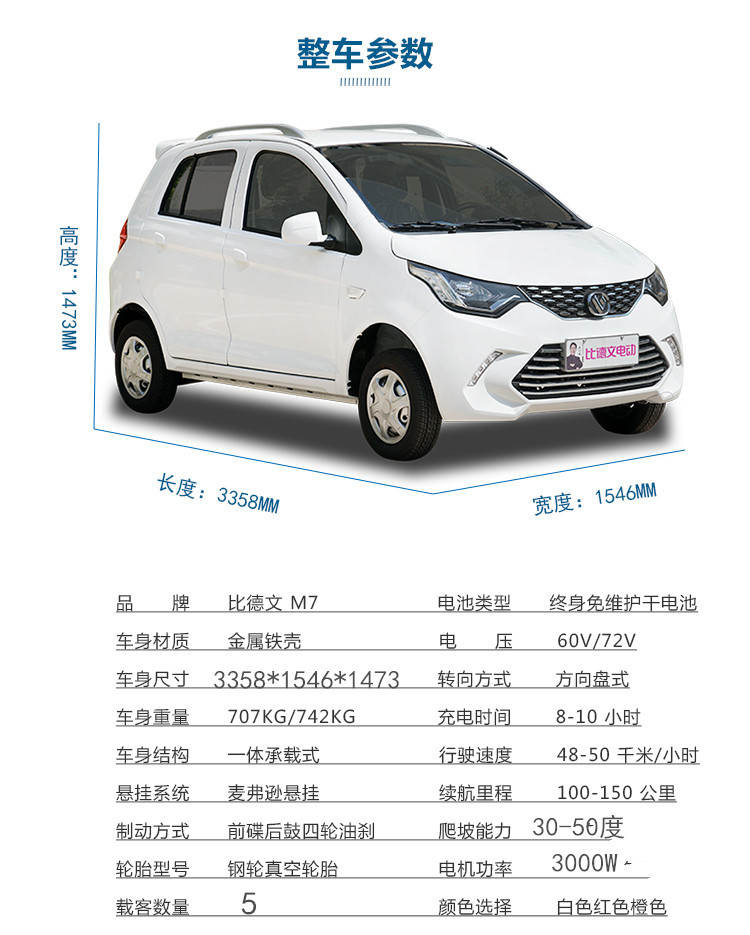 比德文m7新能源低速四轮电动代步车 油电两用增程器版电动轿车