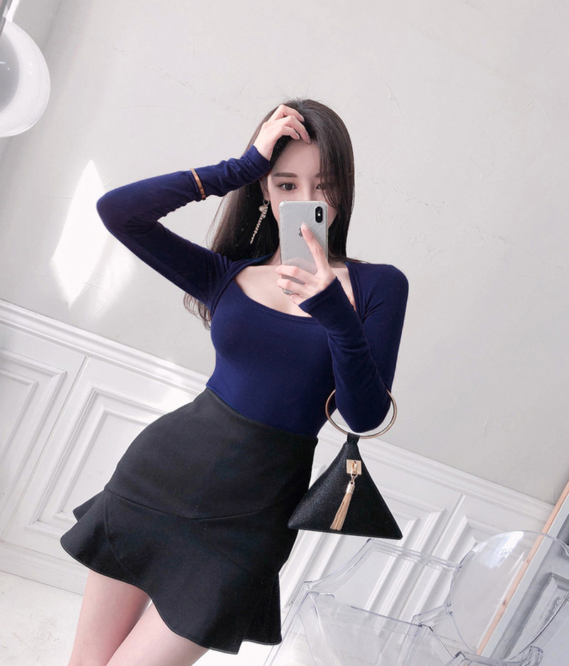 韩版春秋挂肩低胸性感上衣女露锁骨显胸显瘦紧身显瘦长袖t恤女装
