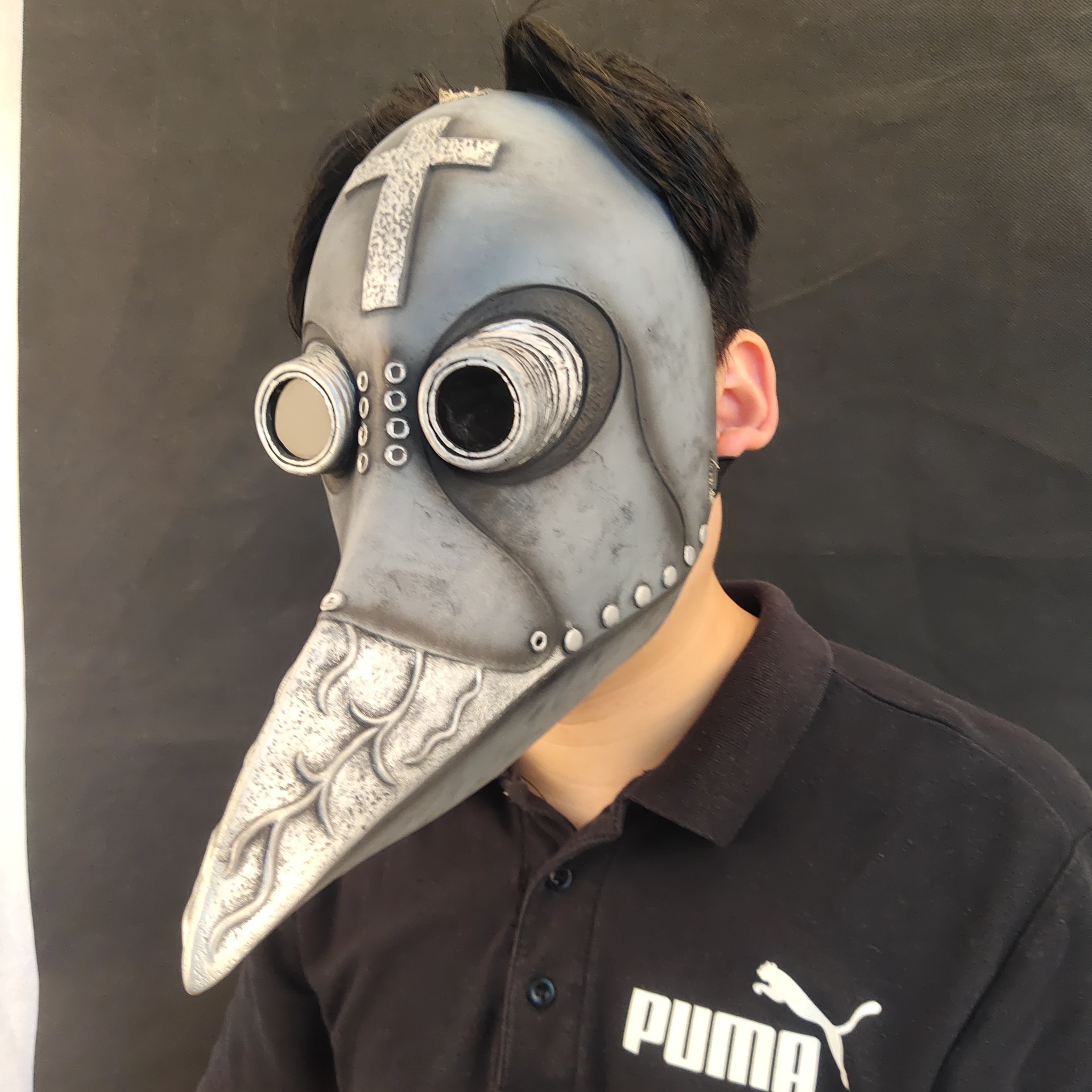 万圣节新品瘟疫医生面具乳胶长鸟嘴面具乌鸦头套黑白色银色 mask