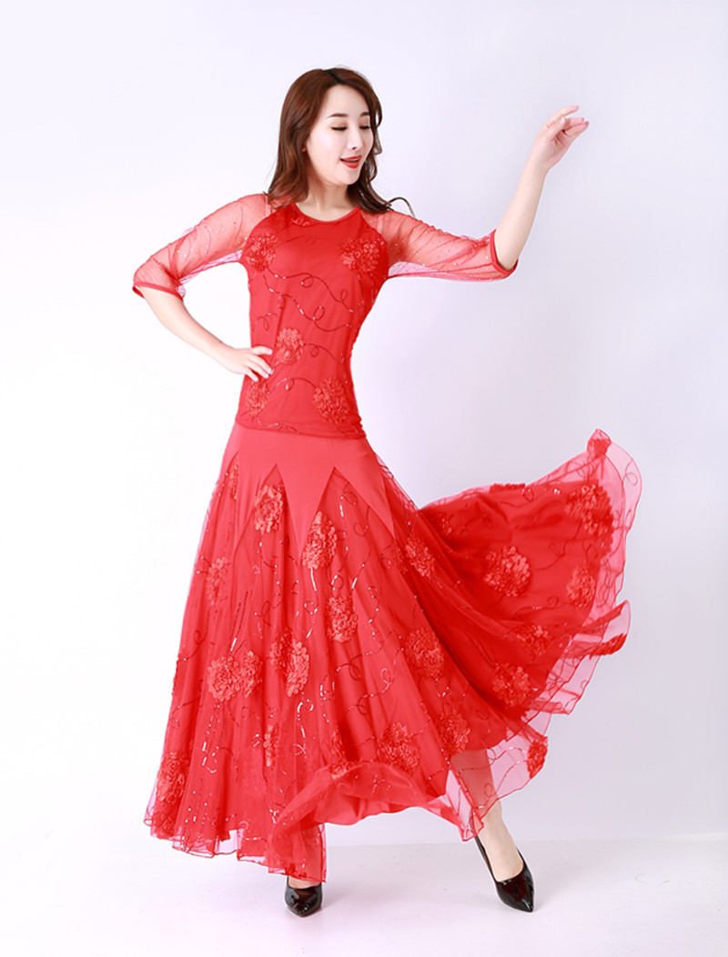 广场交谊舞大摆裙摩登舞套装华尔兹舞裙国标中袖华尔兹