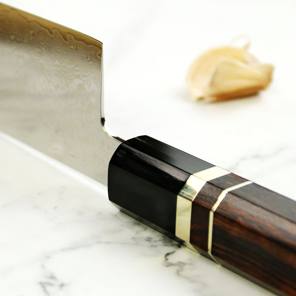 9寸大马士革牛刀10cr15comov日式厨师刀牛角柄沙漠铁手柄料理刀